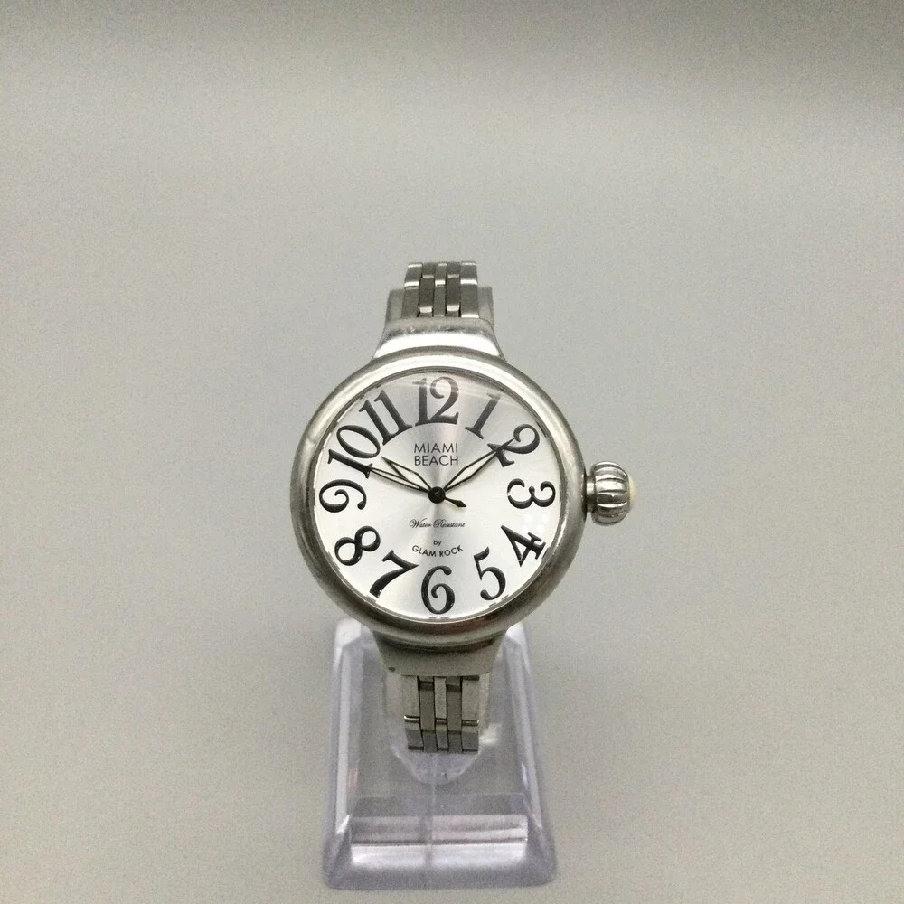 Miami Beach Womens Watch 35mm Silver Tone Stainless Glam Rock New Battery 6.5
